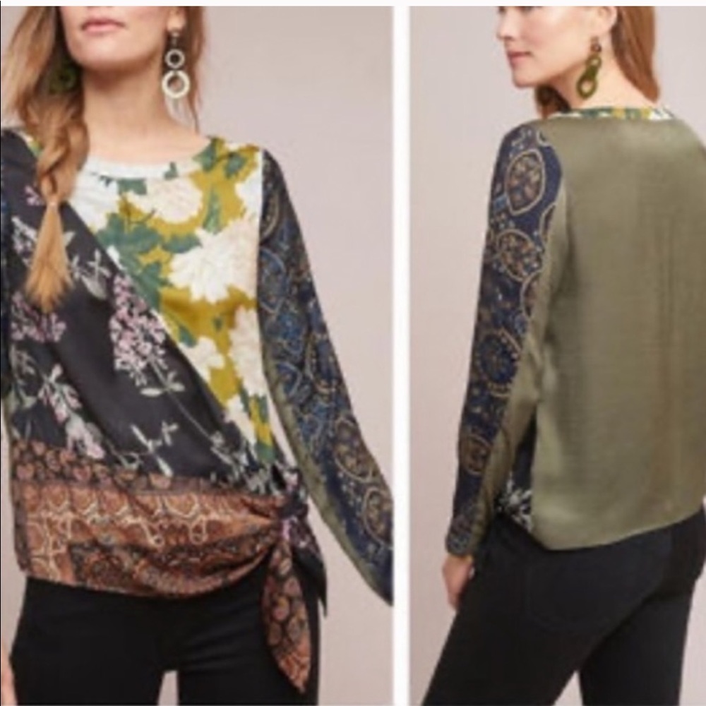 Anthropologie multi-print side tie silky top
